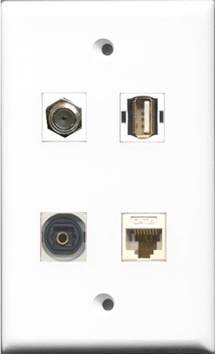 RiteAV 1 Port Coax Cable TV- F-Type and 1 Port USB A-A and 1 Port Toslink and 1 Port Cat6 Ethernet White Wall Plate