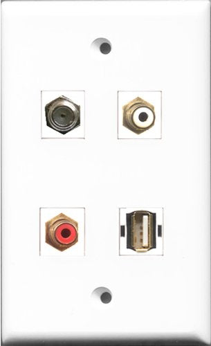 RiteAV 1 Port RCA Red and 1 Port RCA White and 1 Port Coax Cable TV- F-Type and 1 Port USB A-A Wall Plate