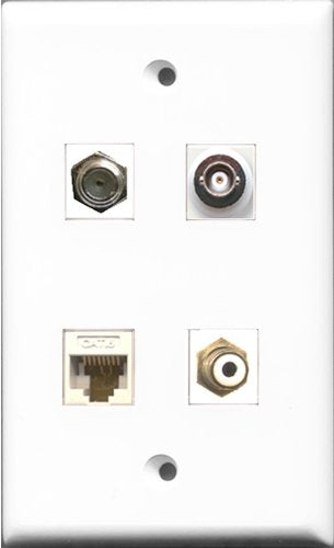 RiteAV 1 Port RCA White and 1 Port Coax Cable TV- F-Type and 1 Port BNC and 1 Port Cat6 Ethernet White Wall Plate