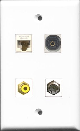 RiteAV 1 Port RCA Yellow and 1 Port Coax Cable TV- F-Type and 1 Port Toslink and 1 Port Cat6 Ethernet White Wall Plate