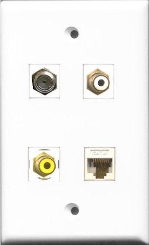 RiteAV 1 Port RCA White and 1 Port RCA Yellow and 1 Port Coax Cable TV- F-Type and 1 Port Cat6 Ethernet White Wall Plate