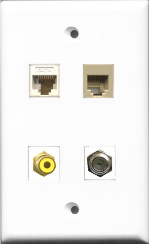 RiteAV 1 Port RCA Yellow and 1 Port Coax Cable TV- F-Type and 1 Port Phone RJ11 RJ12 Beige and 1 Port Cat6 Ethernet White Wall Plate
