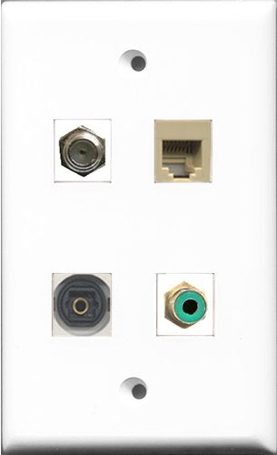 RiteAV 1 Port RCA Green and 1 Port Coax Cable TV- F-Type and 1 Port Phone RJ11 RJ12 Beige and 1 Port Toslink Wall Plate
