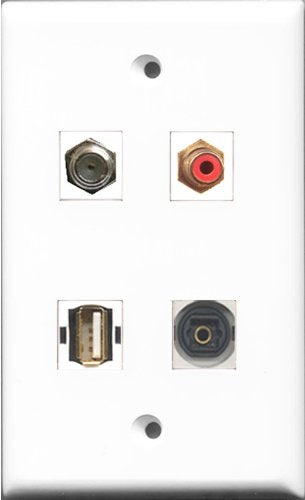 RiteAV 1 Port RCA Red and 1 Port Coax Cable TV- F-Type and 1 Port USB A-A and 1 Port Toslink Wall Plate