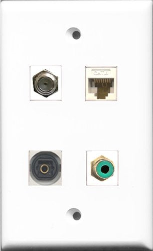 RiteAV 1 Port RCA Green and 1 Port Coax Cable TV- F-Type and 1 Port Toslink and 1 Port Cat6 Ethernet White Wall Plate