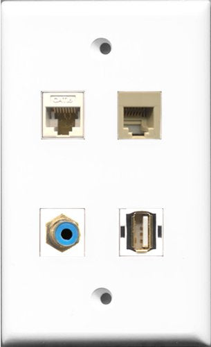 RiteAV 1 Port RCA Blue and 1 Port USB A-A and 1 Port Phone RJ11 RJ12 Beige and 1 Port Cat6 Ethernet White Wall Plate