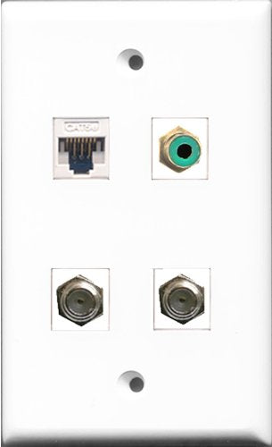 RiteAV 1 Port RCA Green 2 Port Coax Cable TV- F-Type and 1 Port Cat5e Ethernet White Wall Plate