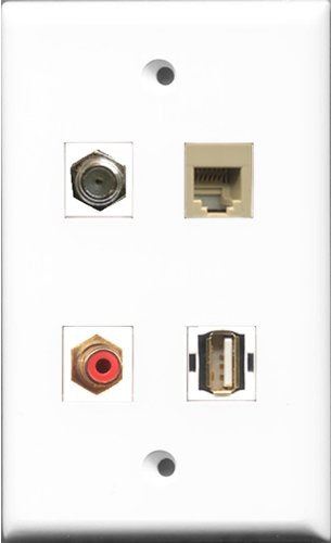 RiteAV 1 Port RCA Red and 1 Port Coax Cable TV- F-Type and 1 Port USB A-A and 1 Port Phone RJ11 RJ12 Beige Wall Plate