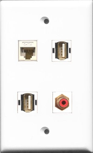 RiteAV 1 Port RCA Red 2 Port USB A-A and 1 Port Cat6 Ethernet White Wall Plate