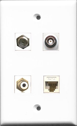 RiteAV 1 Port RCA White and 1 Port Coax Cable TV- F-Type and 1 Port BNC and 1 Port Cat6 Ethernet White Wall Plate