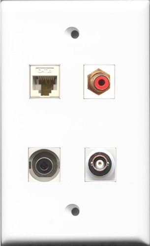 RiteAV 1 Port RCA Red and 1 Port 3.5mm and 1 Port BNC and 1 Port Cat6 Ethernet White Wall Plate