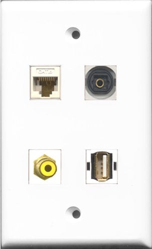 RiteAV 1 Port RCA Yellow and 1 Port USB A-A and 1 Port Toslink and 1 Port Cat6 Ethernet White Wall Plate