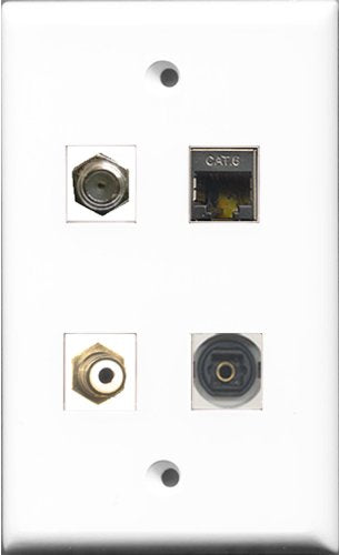 RiteAV 1 Port RCA White and 1 Port Coax Cable TV- F-Type and 1 Port Shielded Cat6 Ethernet and 1 Port Toslink Wall Plate
