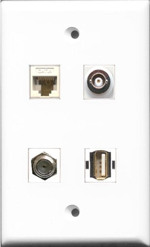 RiteAV 1 Port Coax Cable TV- F-Type and 1 Port USB A-A and 1 Port BNC and 1 Port Cat6 Ethernet White Wall Plate