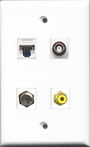 RiteAV - 1 Port RCA Yellow and 1 Port Coax Cable TV- F-Type and 1 Port BNC and 1 Port Cat5e Ethernet White Wall Plate