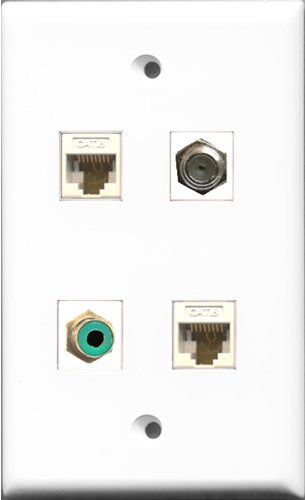 RiteAV 1 Port RCA Green and 1 Port Coax Cable TV- F-Type 2 Port Cat6 Ethernet White Wall Plate