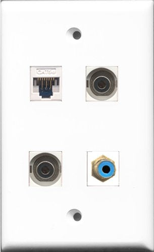 RiteAV - 1 Port RCA Blue 2 Port 3.5mm and 1 Port Cat5e Ethernet White Wall Plate