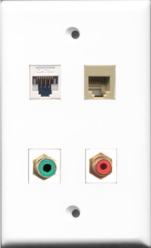RiteAV 1 Port RCA Red and 1 Port RCA Green and 1 Port Phone RJ11 RJ12 Beige and 1 Port Cat5e Ethernet White Wall Plate