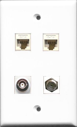 RiteAV 1 Port Coax Cable TV- F-Type and 1 Port BNC 2 Port Cat6 Ethernet White Wall Plate