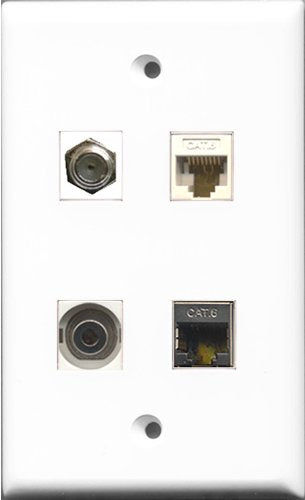 RiteAV 1 Port Coax Cable TV- F-Type and 1 Port Shielded Cat6 Ethernet and 1 Port 3.5mm and 1 Port Cat6 Ethernet White Wall Plate