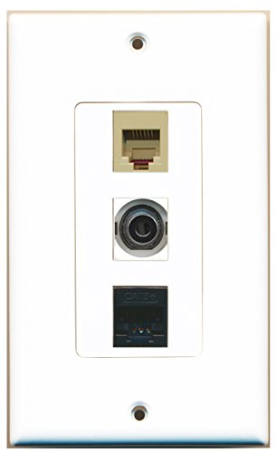 RiteAV - 1 Port Phone RJ11 RJ12 Beige and 1 Port 3.5mm and 1 Port Cat5e Ethernet Black Decorative Wall Plate Decorative