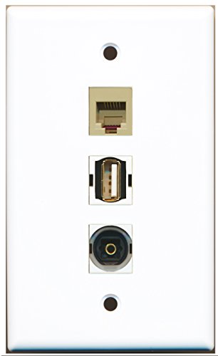 RiteAV - 1 Port USB A-A and 1 Port Phone RJ11 RJ12 Beige and 1 Port Toslink Wall Plate