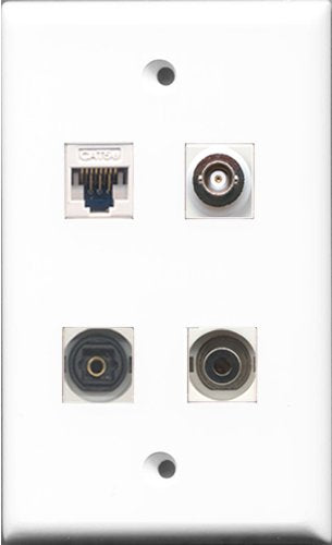 RiteAV - 1 Port Toslink and 1 Port 3.5mm and 1 Port BNC and 1 Port Cat5e Ethernet White Wall Plate
