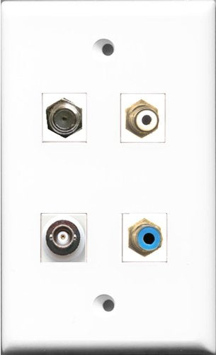 RiteAV 1 Port RCA White and 1 Port RCA Blue and 1 Port Coax Cable TV- F-Type and 1 Port BNC Wall Plate