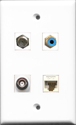 RiteAV 1 Port RCA Blue and 1 Port Coax Cable TV- F-Type and 1 Port BNC and 1 Port Cat6 Ethernet White Wall Plate