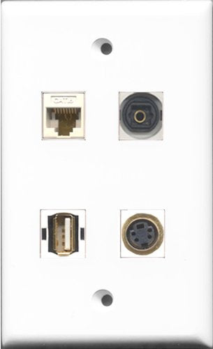 RiteAV 1 Port USB A-A and 1 Port S-Video and 1 Port Toslink and 1 Port Cat6 Ethernet White Wall Plate