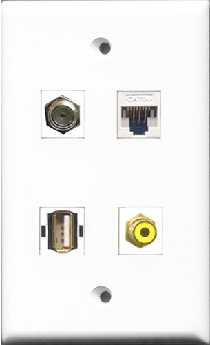 RiteAV 1 Port RCA Yellow and 1 Port Coax Cable TV- F-Type and 1 Port USB A-A and 1 Port Cat5e Ethernet White Wall Plate
