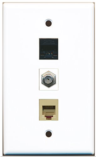 RiteAV - 1 Port Coax Cable TV- F-Type and 1 Port Phone RJ11 RJ12 Beige and 1 Port Cat5e Ethernet Black Wall Plate