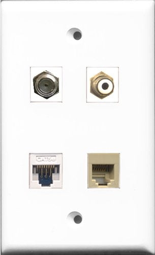 RiteAV 1 Port RCA White and 1 Port Coax Cable TV- F-Type and 1 Port Phone RJ11 RJ12 Beige and 1 Port Cat5e Ethernet White Wall Plate