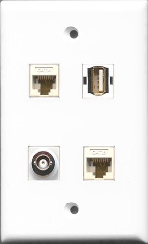 RiteAV 1 Port USB A-A and 1 Port BNC 2 Port Cat6 Ethernet White Wall Plate