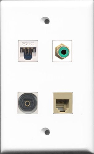 RiteAV 1 Port RCA Green and 1 Port Phone RJ11 RJ12 Beige and 1 Port Toslink and 1 Port Cat5e Ethernet White Wall Plate