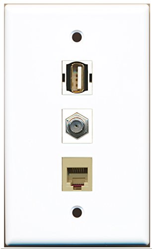 RiteAV - 1 Port Coax Cable TV- F-Type and 1 Port USB A-A and 1 Port Phone RJ11 RJ12 Beige Wall Plate