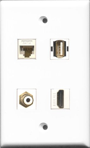 RiteAV 1 Port HDMI and 1 Port RCA White and 1 Port USB A-A and 1 Port Cat6 Ethernet White Wall Plate
