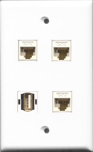 RiteAV 1 Port USB A-A 3 Port Cat6 Ethernet White Wall Plate