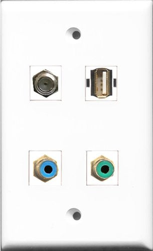 RiteAV 1 Port RCA Green and 1 Port RCA Blue and 1 Port Coax Cable TV- F-Type and 1 Port USB A-A Wall Plate