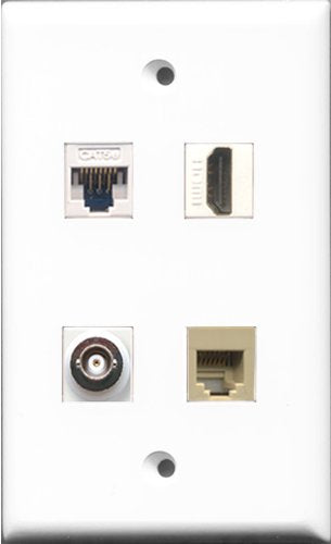 RiteAV - 1 Port HDMI and 1 Port Phone RJ11 RJ12 Beige and 1 Port BNC and 1 Port Cat5e Ethernet White Wall Plate