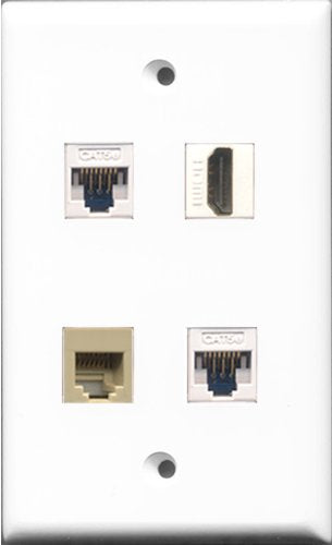 RiteAV - 1 Port HDMI and 1 Port Phone RJ11 RJ12 Beige 2 Port Cat5e Ethernet White Wall Plate