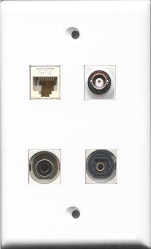 RiteAV 1 Port Toslink and 1 Port 3.5mm and 1 Port BNC and 1 Port Cat6 Ethernet White Wall Plate