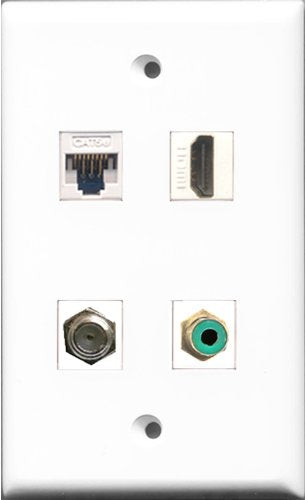 RiteAV - 1 Port HDMI and 1 Port RCA Green and 1 Port Coax Cable TV- F-Type and 1 Port Cat5e Ethernet White Wall Plate