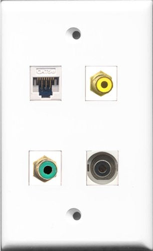 RiteAV 1 Port RCA Yellow and 1 Port RCA Green and 1 Port 3.5mm and 1 Port Cat5e Ethernet White Wall Plate