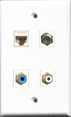 RiteAV 1 Port RCA White and 1 Port RCA Blue and 1 Port Coax Cable TV- F-Type and 1 Port Cat6 Ethernet White Wall Plate
