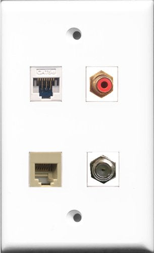 RiteAV 1 Port RCA Red and 1 Port Coax Cable TV- F-Type and 1 Port Phone RJ11 RJ12 Beige and 1 Port Cat5e Ethernet White Wall Plate