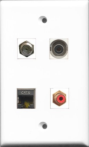RiteAV 1 Port RCA Red and 1 Port Coax Cable TV- F-Type and 1 Port Shielded Cat6 Ethernet and 1 Port 3.5mm Wall Plate