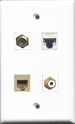RiteAV 1 Port RCA White and 1 Port Coax Cable TV- F-Type and 1 Port Phone RJ11 RJ12 Beige and 1 Port Cat5e Ethernet White Wall Plate