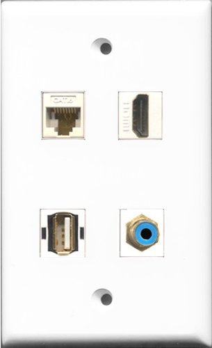 RiteAV 1 Port HDMI and 1 Port RCA Blue and 1 Port USB A-A and 1 Port Cat6 Ethernet White Wall Plate
