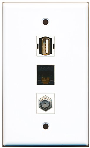 RiteAV - 1 Port Coax Cable TV- F-Type and 1 Port USB A-A and 1 Port Cat6 Ethernet Black Wall Plate